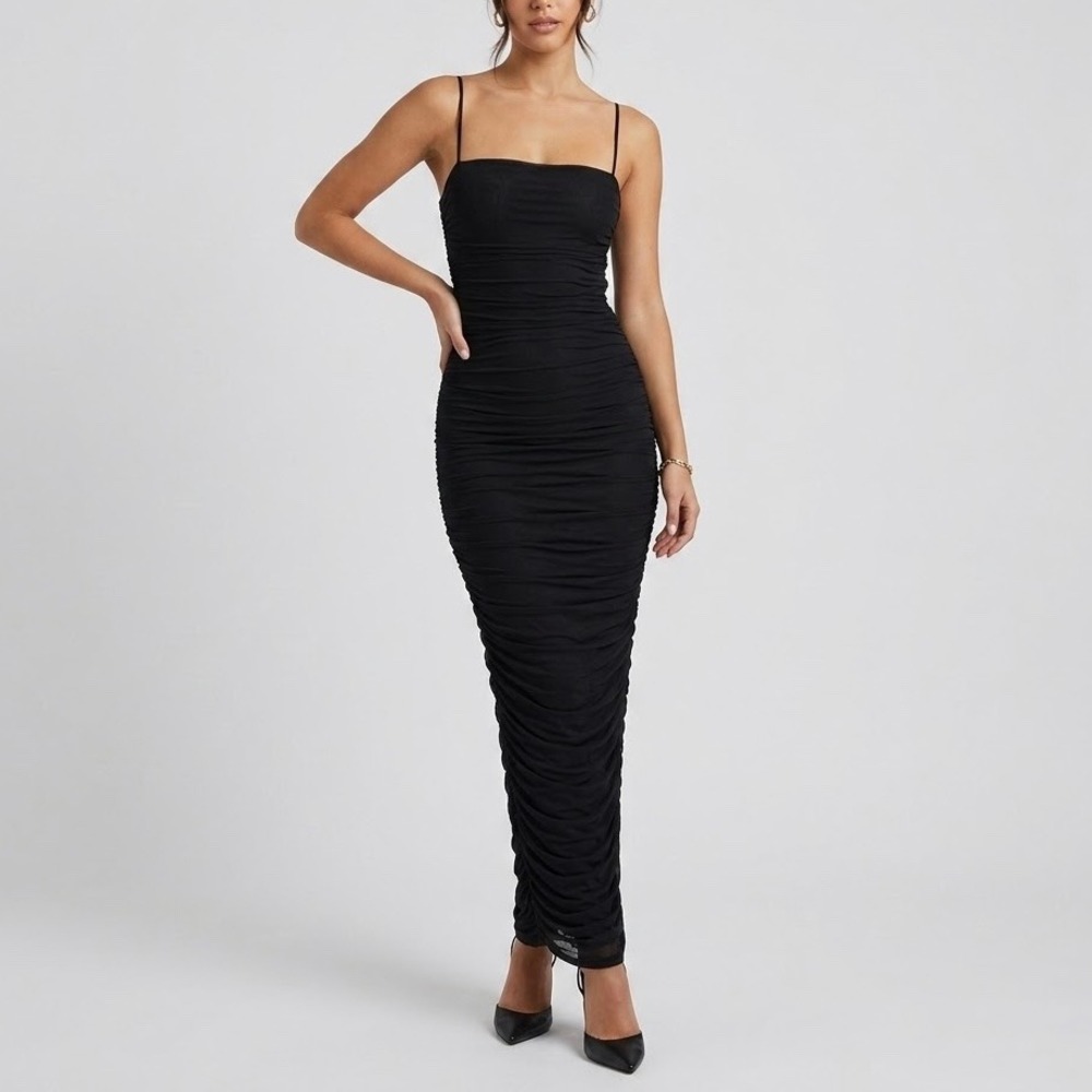 House of CB Fornarina Black Ruched Mesh Maxi Dress Size XS Spaghetti Strap